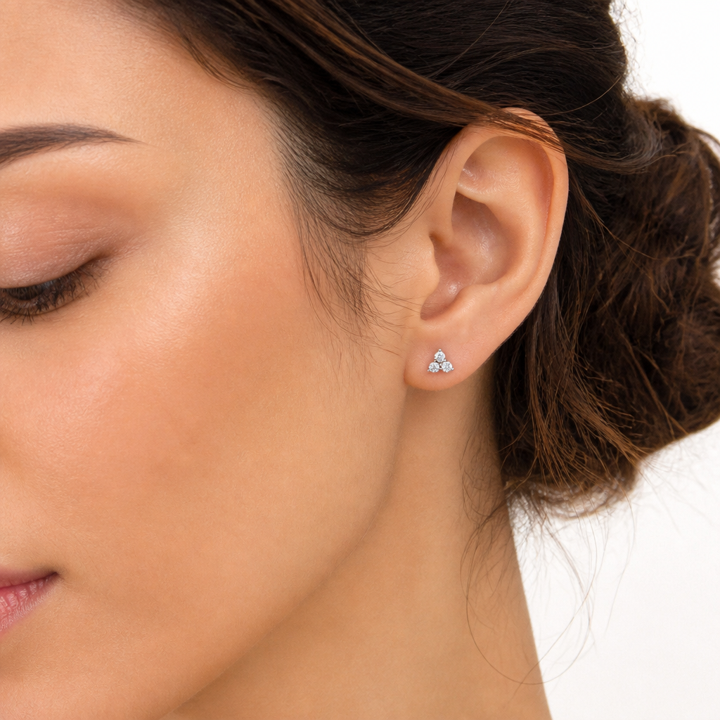 Lab Grown Round Three Stone Cluster Diamond Stud Earrings