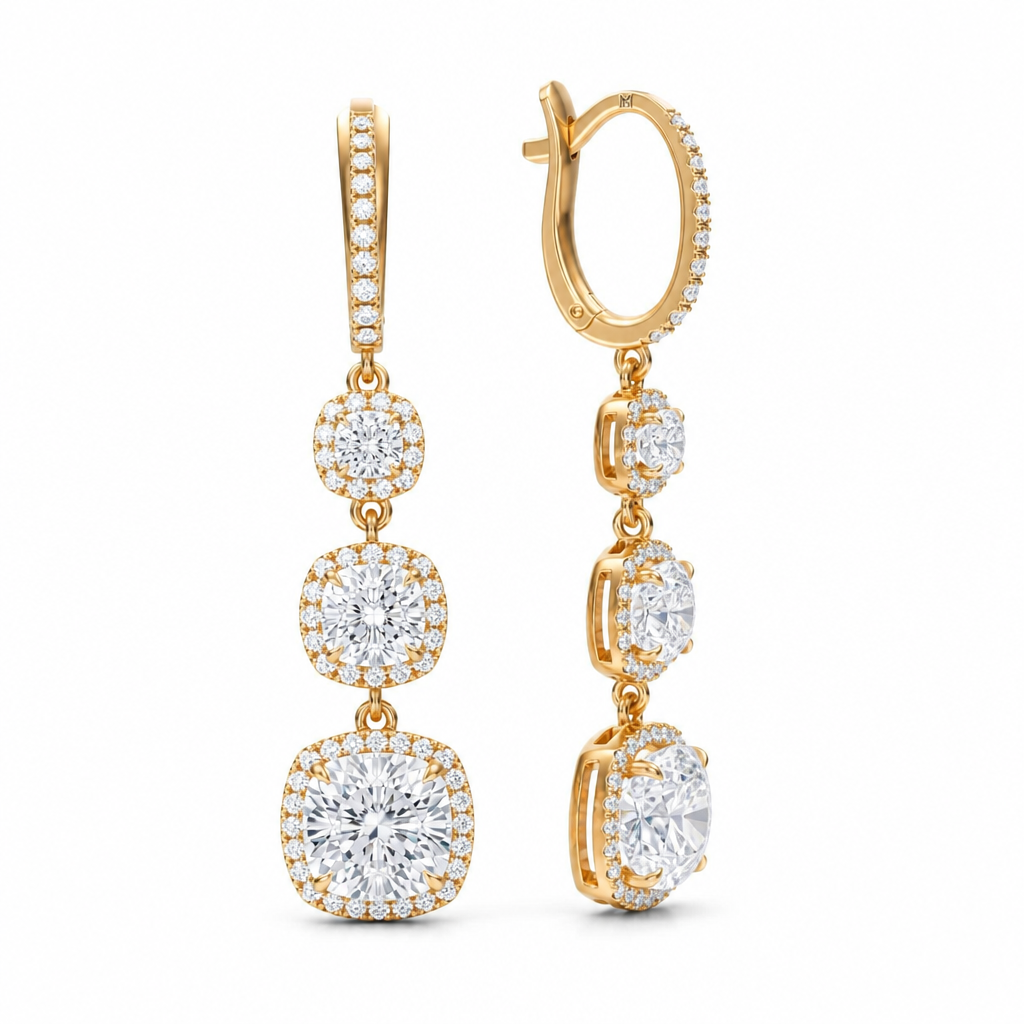 5 Carat Cushion Three Stone Halo Lab Grown Diamond Drop Earrings