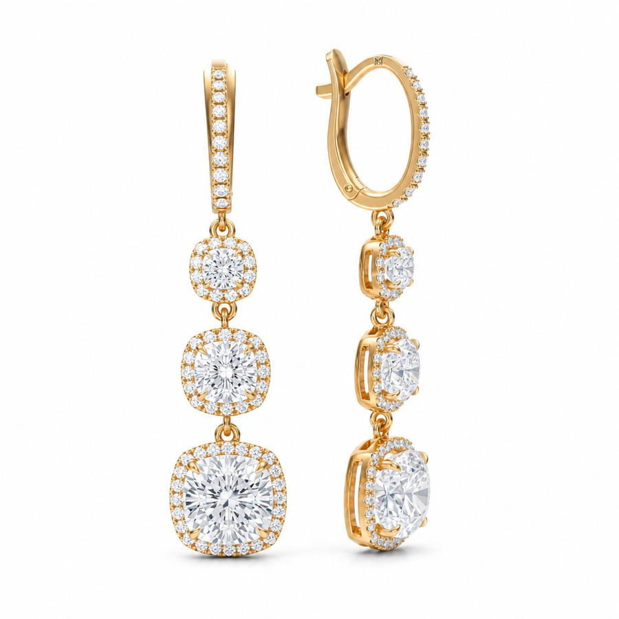 5 Carat Cushion Three Stone Halo Lab Grown Diamond Drop Earrings