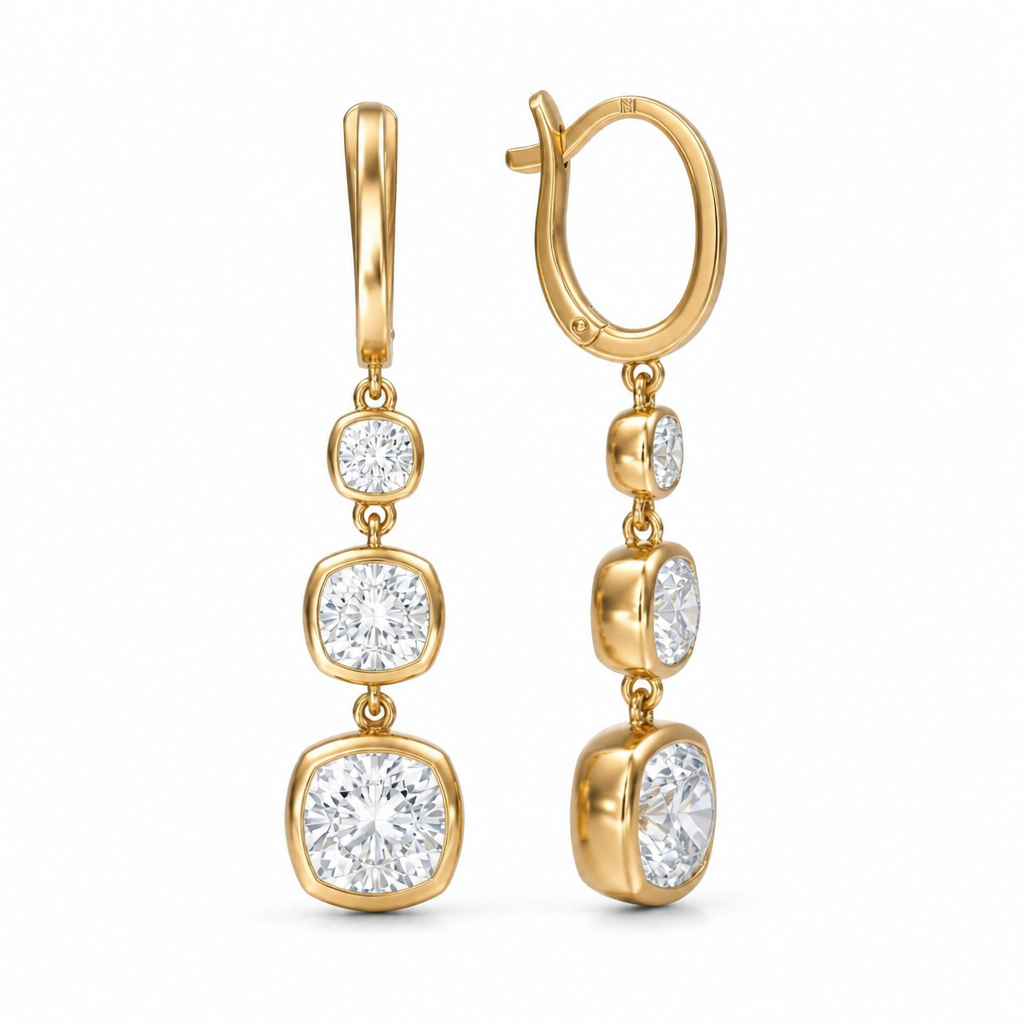 4 Carat Cushion Three Stone Lab Grown Diamond Drop Earrings