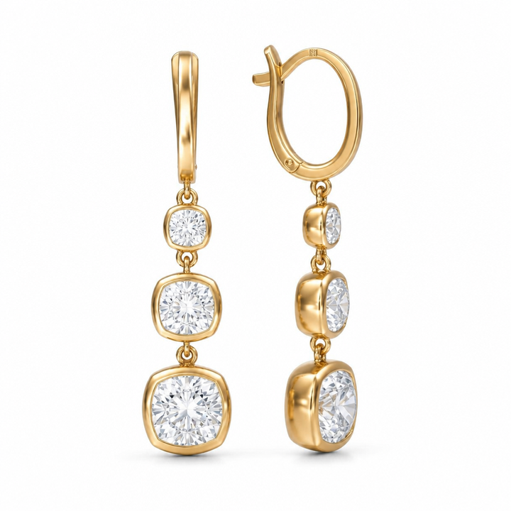 4 Carat Cushion Three Stone Lab Grown Diamond Drop Earrings