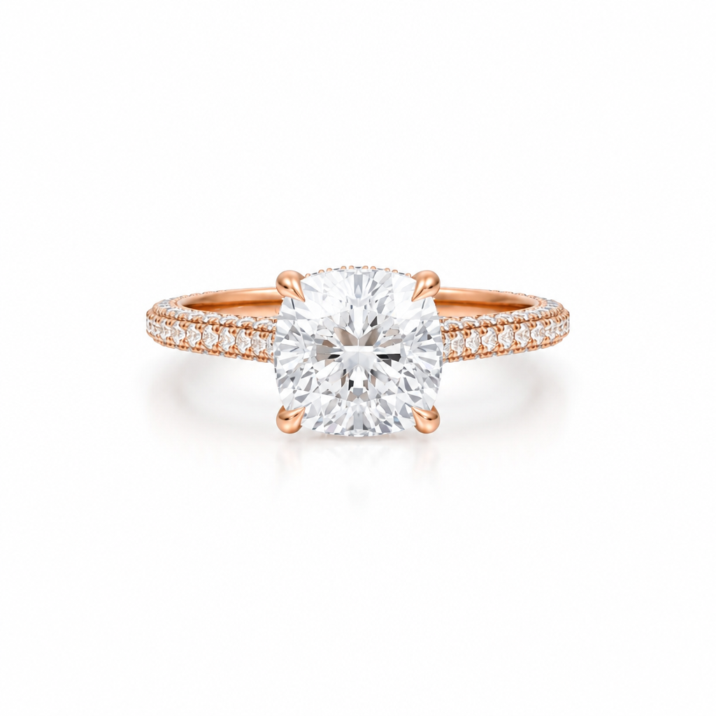 Cushion Three Row Pave Cathedral Ring With Diamond Basket