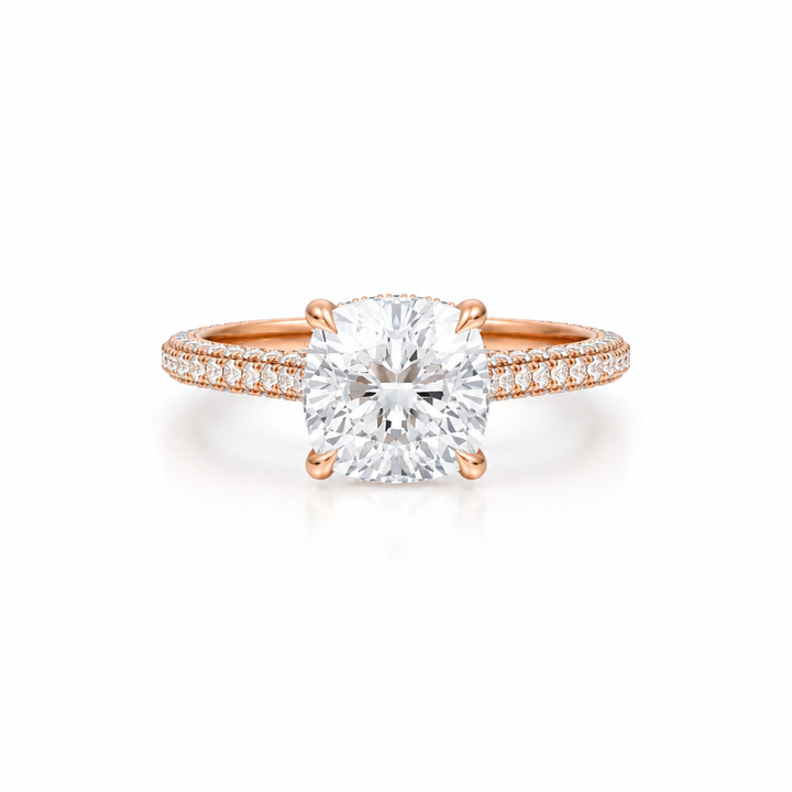 Cushion Three Row Pave Cathedral Ring With Diamond Basket