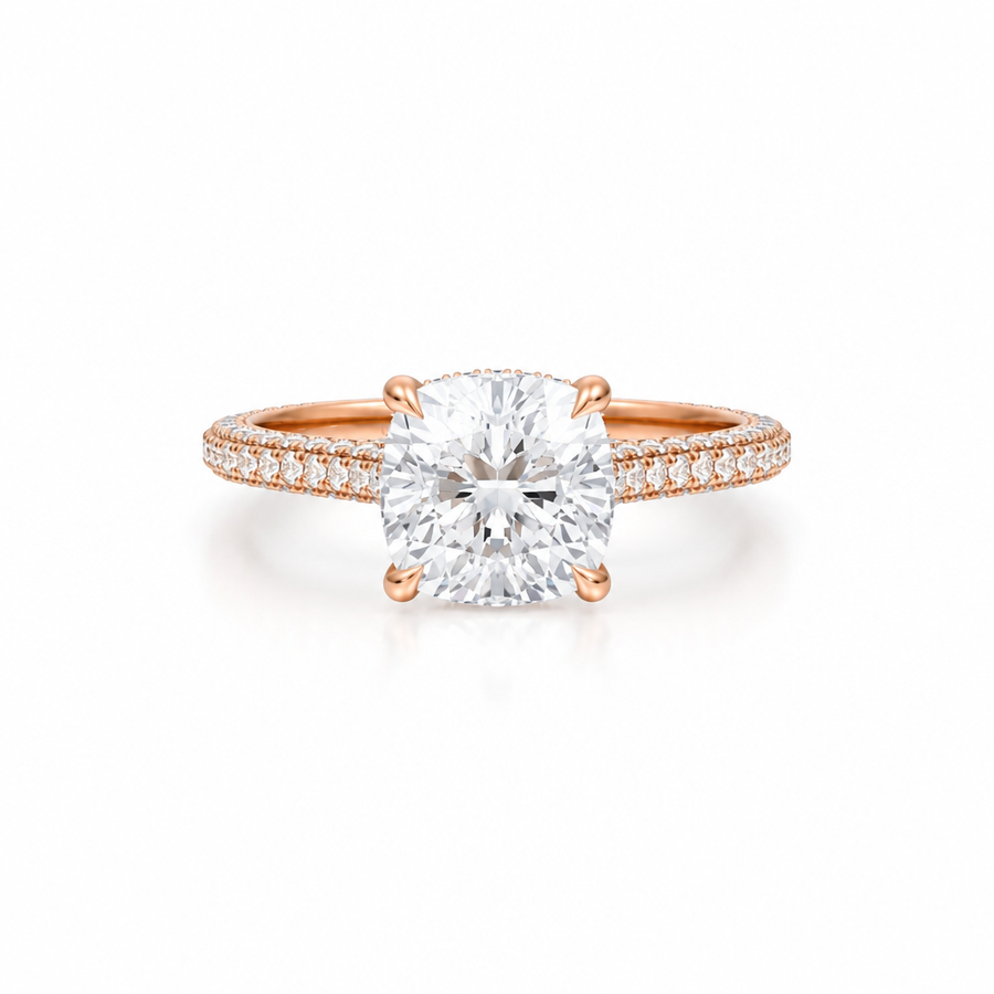 Cushion Three Row Pave Cathedral Ring With Diamond Basket