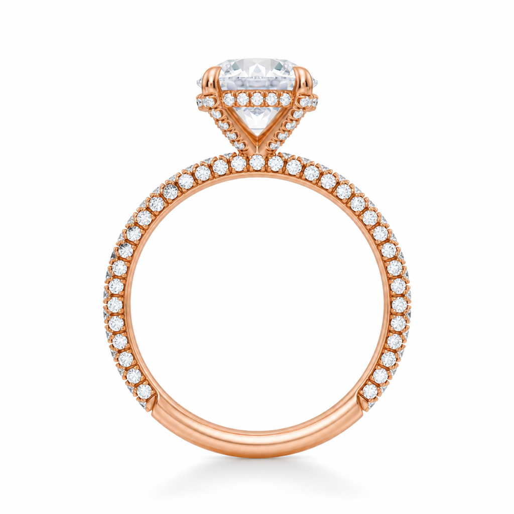 Round Diamond Basket With Three Row Pave Ring
