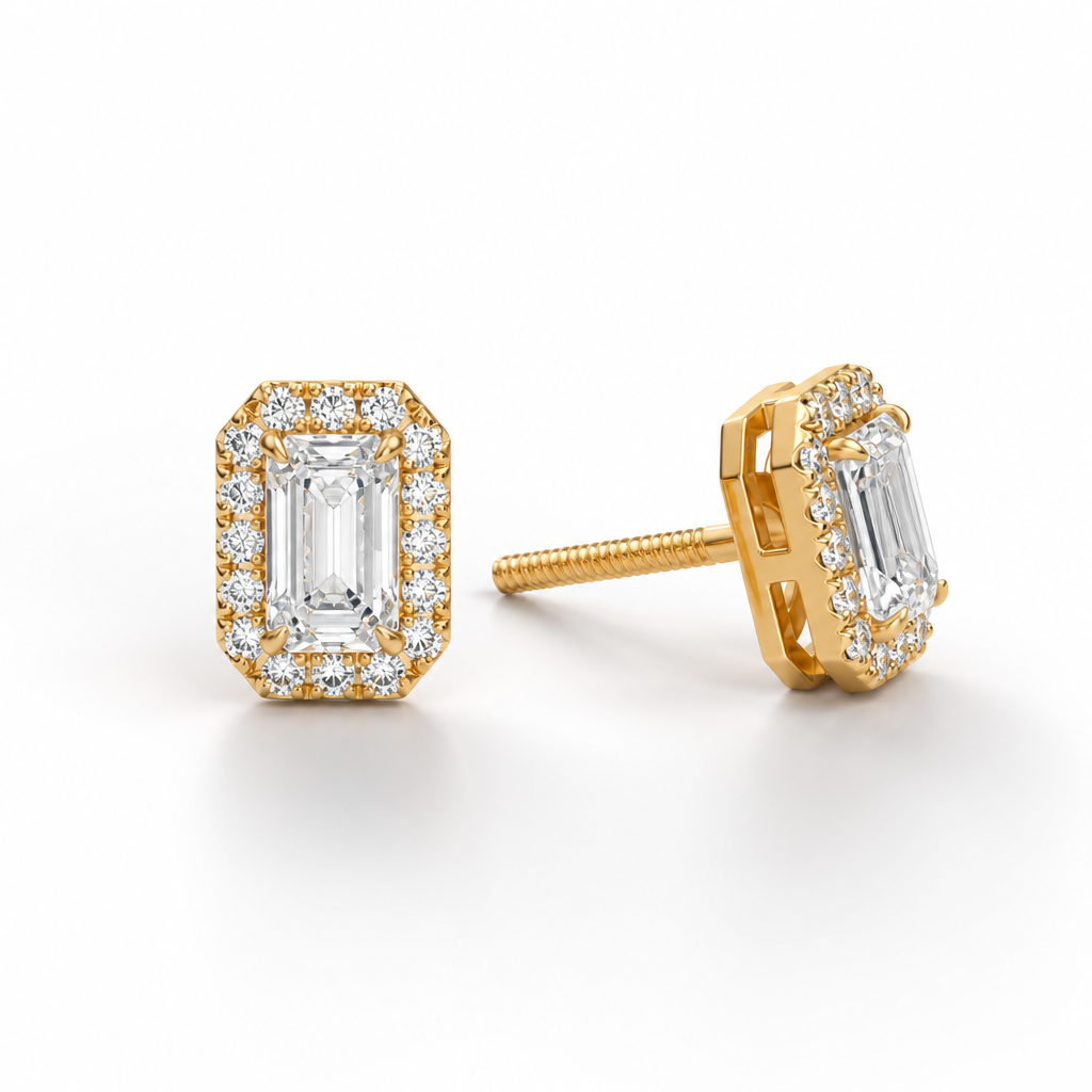 Lab Grown Diamond Emerald Halo Stud Earrings