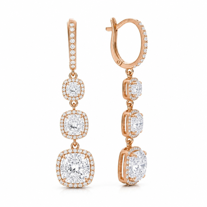 5 Carat Cushion Three Stone Halo Lab Grown Diamond Drop Earrings