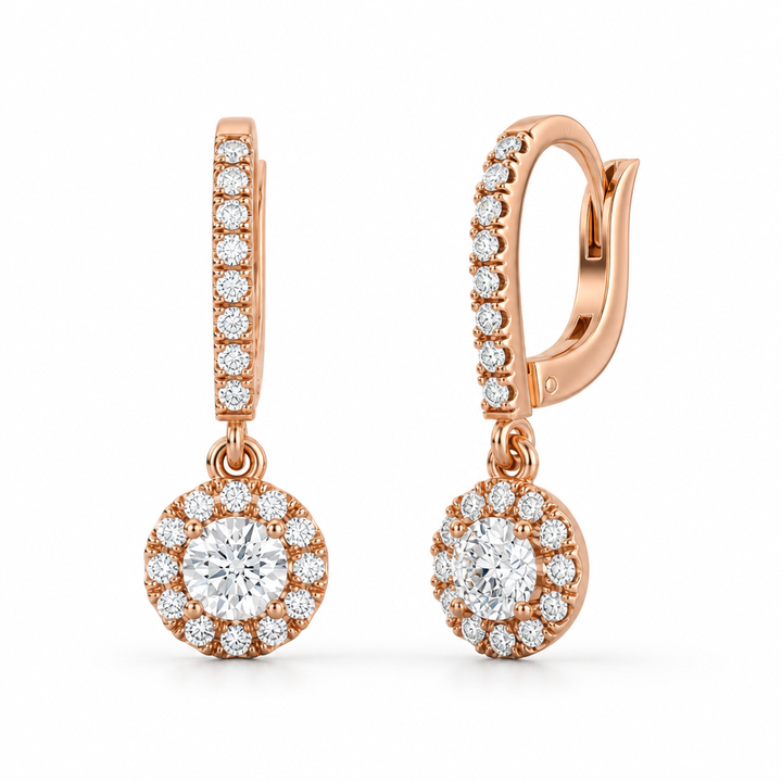 Round halo lab-grown diamond drop earrings in 14K gold