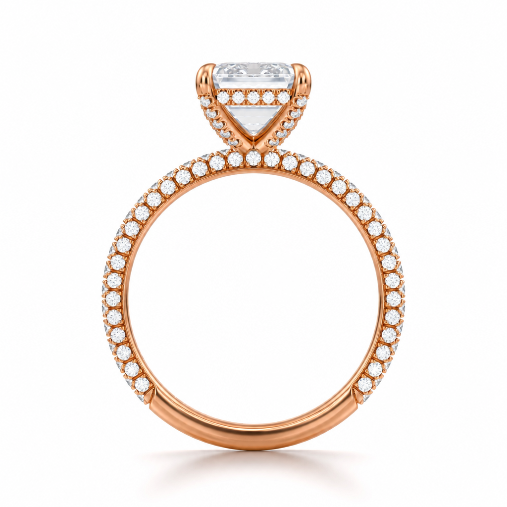 Emerald Diamond Basket With Three Row Pave Ring