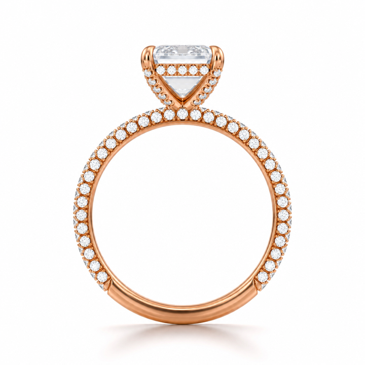 Emerald Diamond Basket With Three Row Pave Ring
