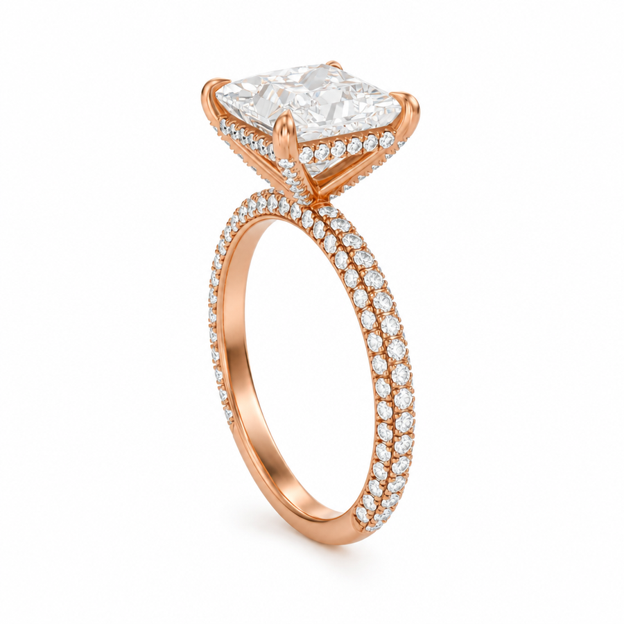 Princess Diamond Basket With Three Row Pave Ring