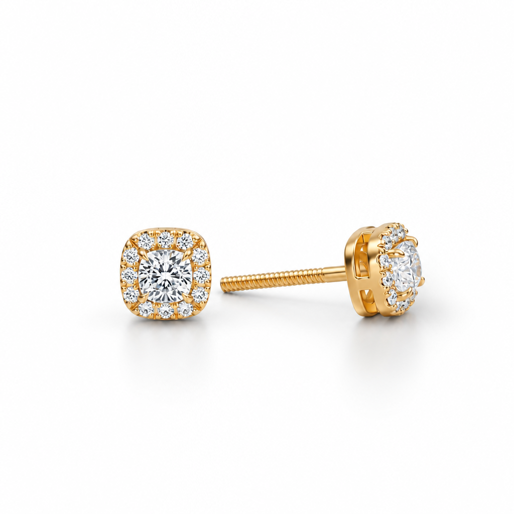 Lab Grown Cushion Halo Diamond Stud Earrings