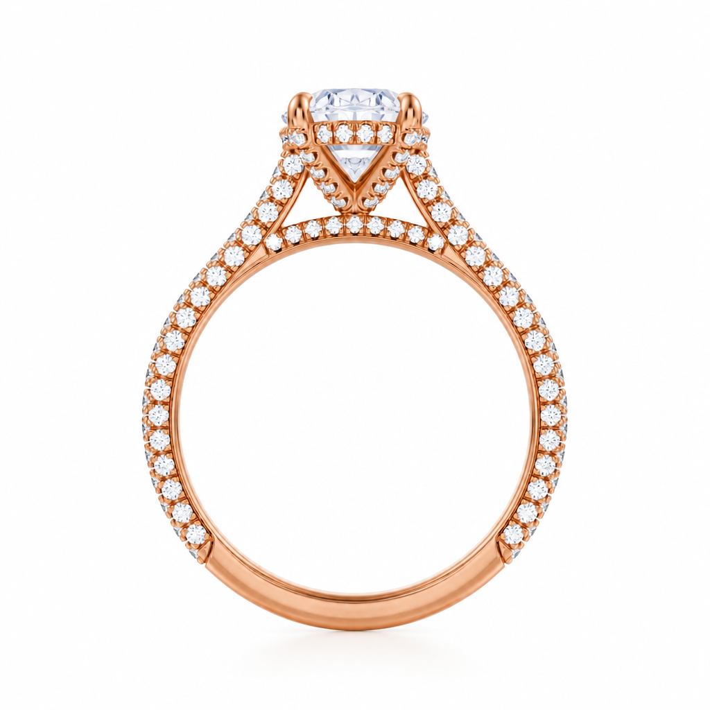 Oval Three Row Pave Cathedral Ring With Diamond Basket