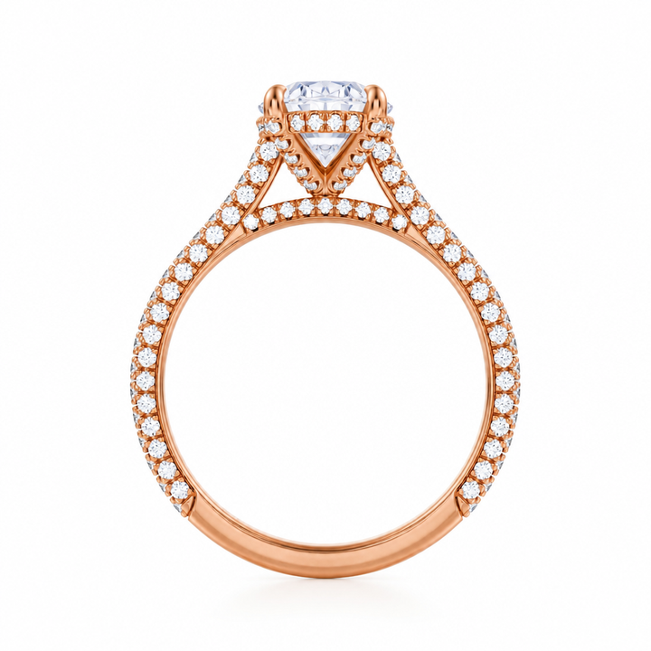 Oval Three Row Pave Cathedral Ring With Diamond Basket