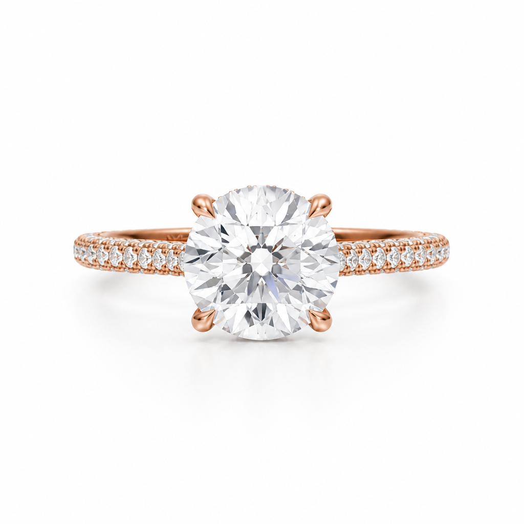 Round Three Row Pave Cathedral Ring With Diamond Basket