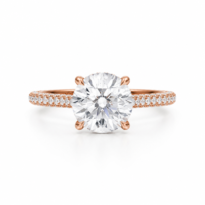 Round Three Row Pave Cathedral Ring With Diamond Basket
