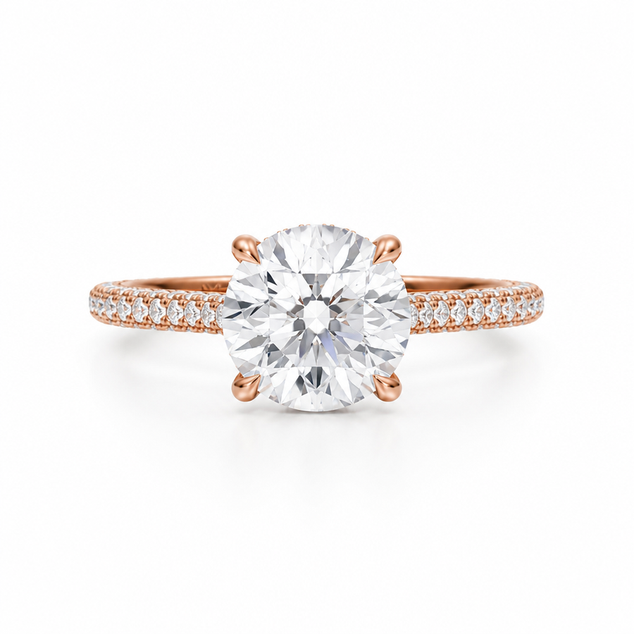 Round Three Row Pave Cathedral Ring With Diamond Basket
