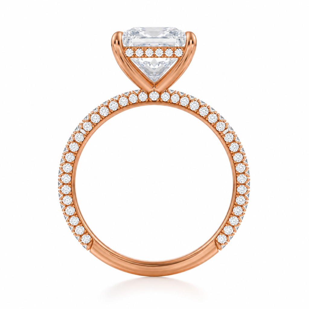 Princess Hidden Halo with Three Row Pave Band