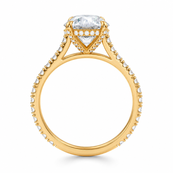 Round Pave Cathedral Ring With Diamond Basket