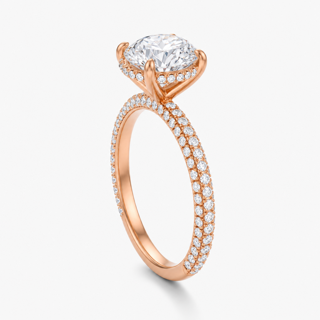 Round Hidden Halo with Three Row Pave Band