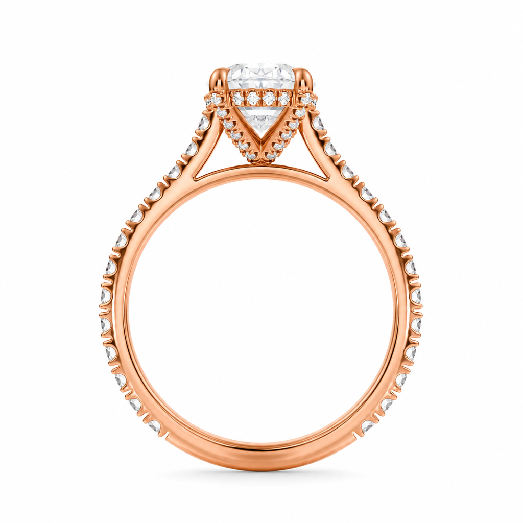 Oval Pave Cathedral Ring With Diamond Basket