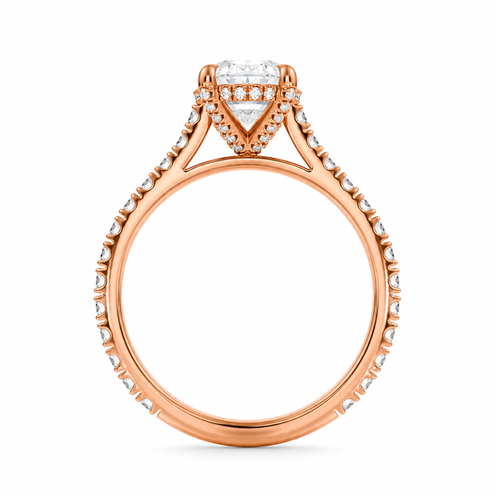 Oval Pave Cathedral Ring With Diamond Basket