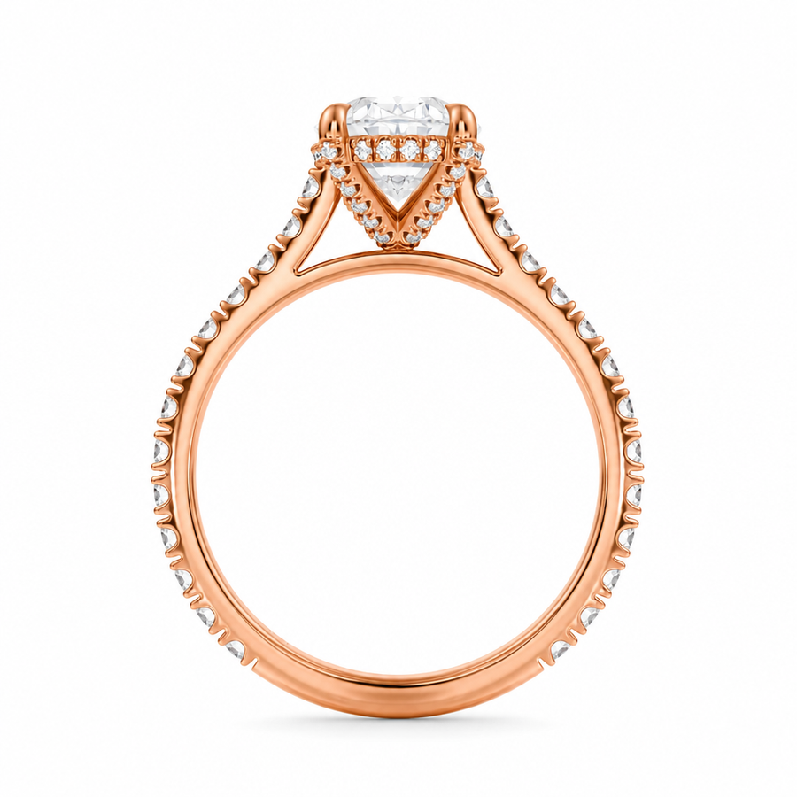 Oval Pave Cathedral Ring With Diamond Basket