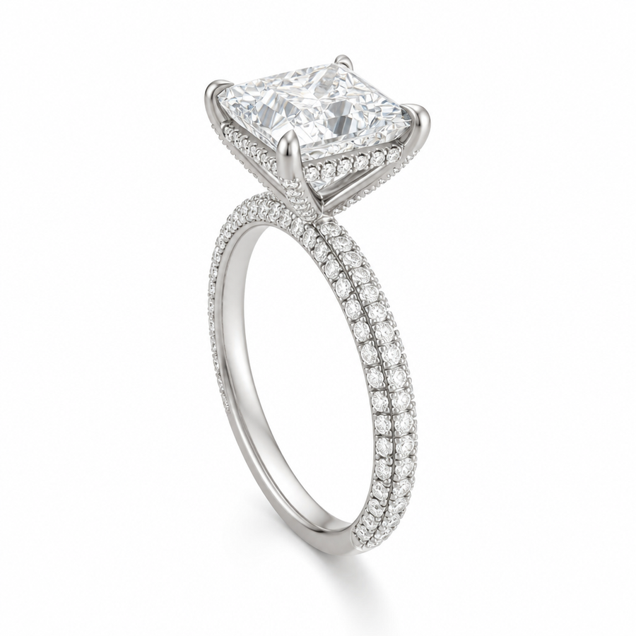 Princess Diamond Basket With Three Row Pave Ring