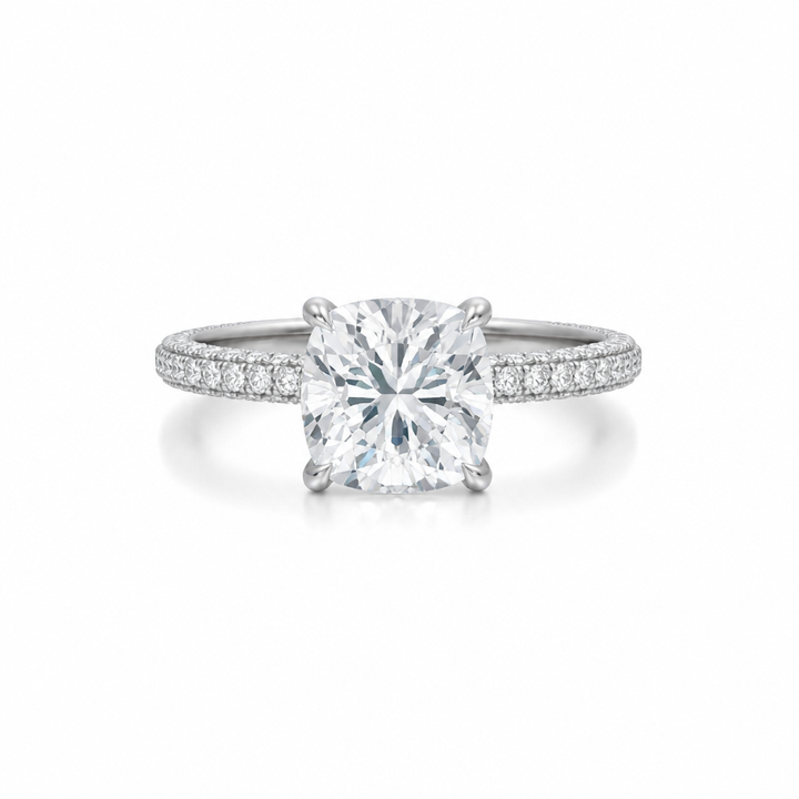 Cushion Three Row Pave Ring With Pave Prongs