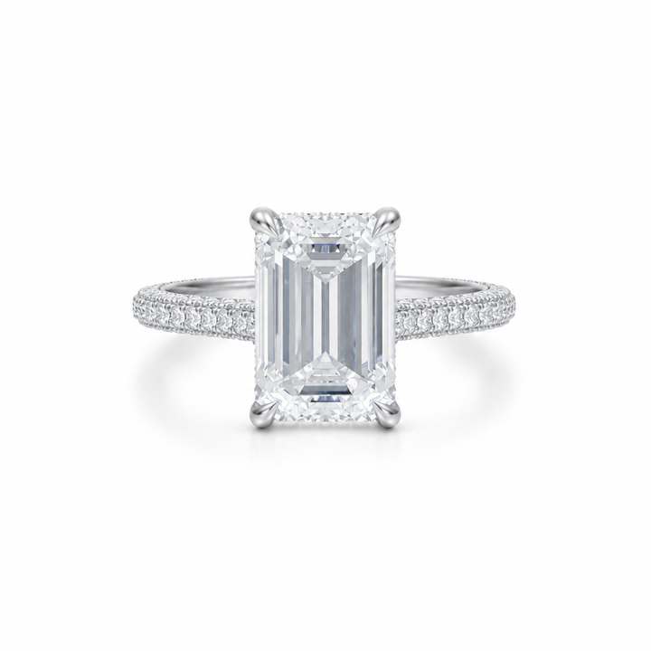 Emerald Three Row Pave Cathedral Ring With Diamond Basket