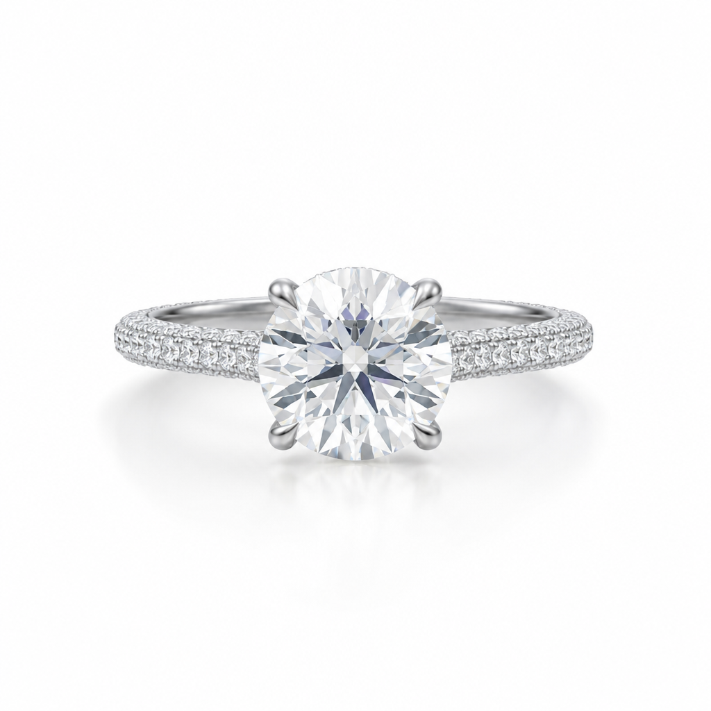 Round Three Row Pave Cathedral Ring With Diamond Basket