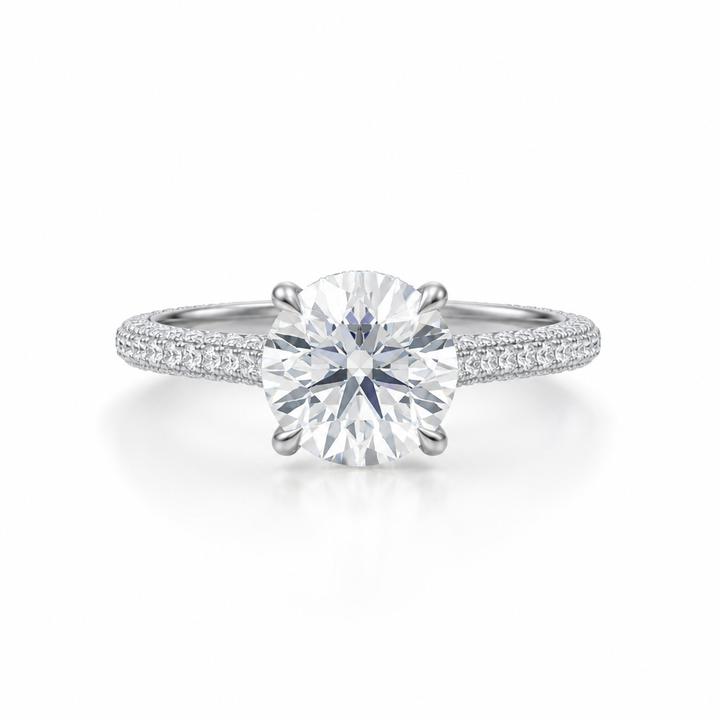 Round Three Row Pave Cathedral Ring With Diamond Basket