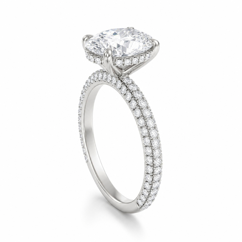 Oval Hidden Halo with Three Row Pave Band