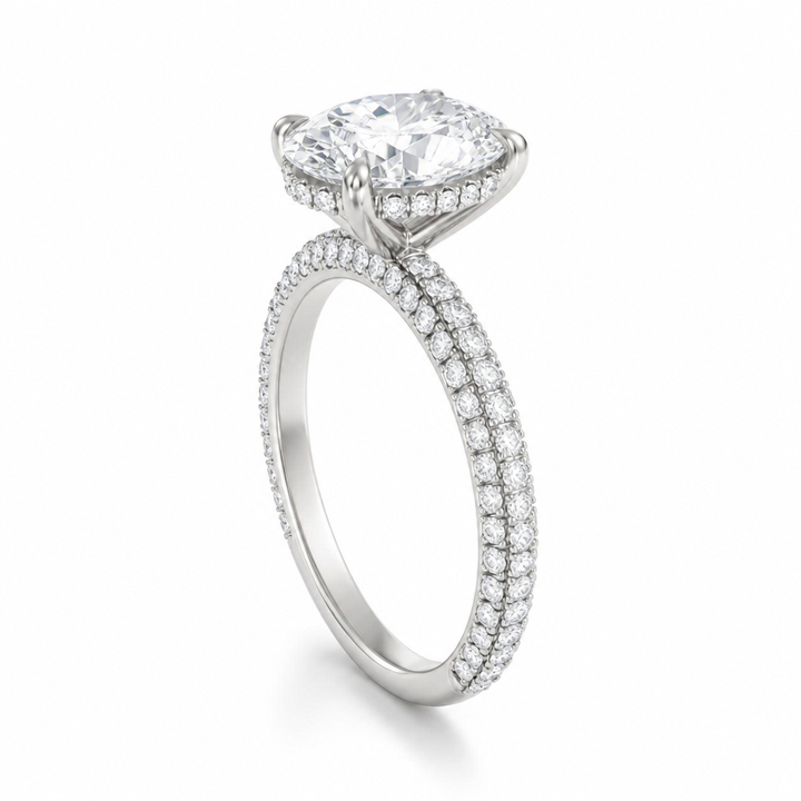 Oval Hidden Halo with Three Row Pave Band