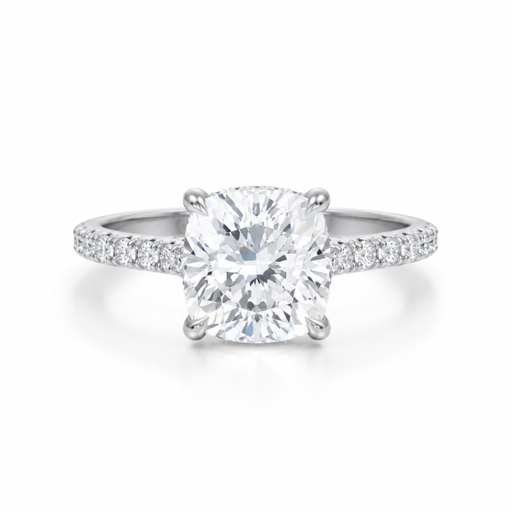 Cushion Pave Cathedral Ring With Diamond Basket