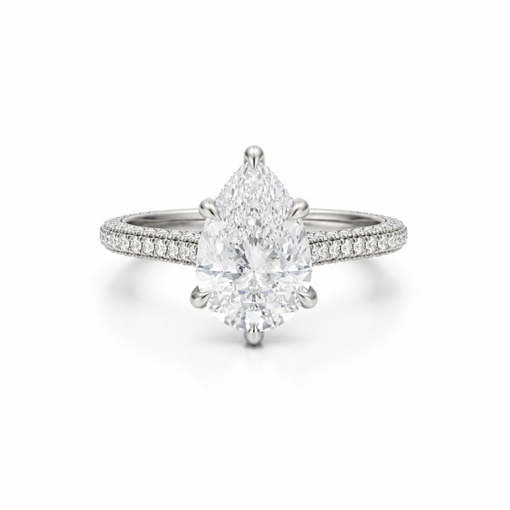 Pear Three Row Pave Cathedral Ring With Diamond Basket