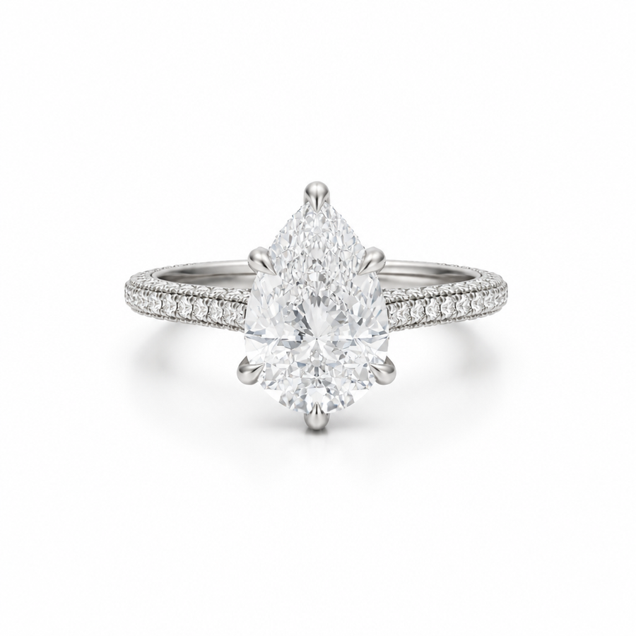 Pear Three Row Pave Cathedral Ring With Diamond Basket