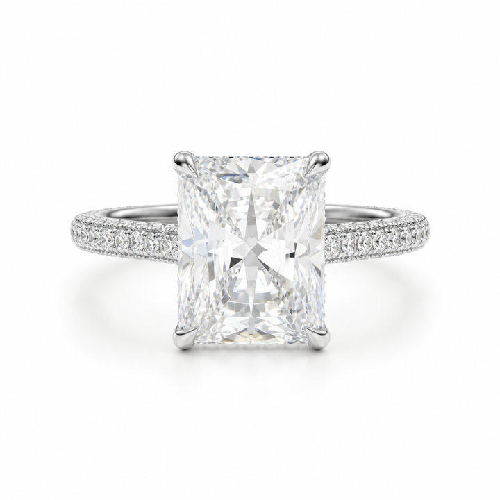 Radiant Three Row Pave Cathedral Ring With Diamond Basket