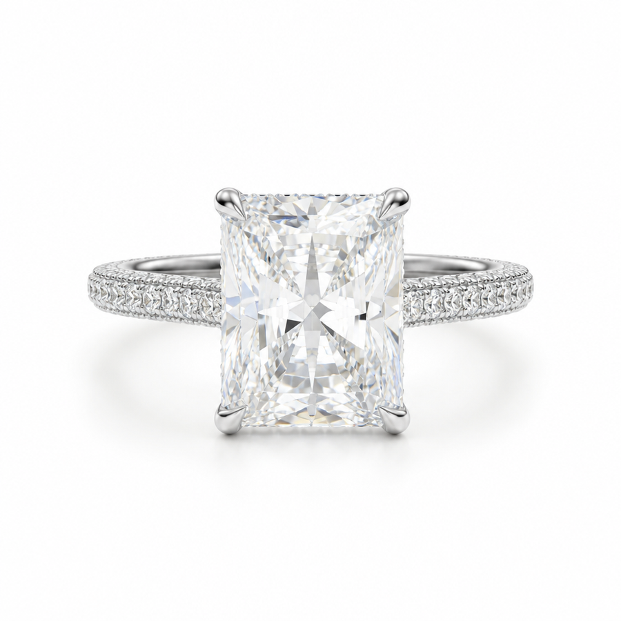 Radiant Three Row Pave Cathedral Ring With Diamond Basket