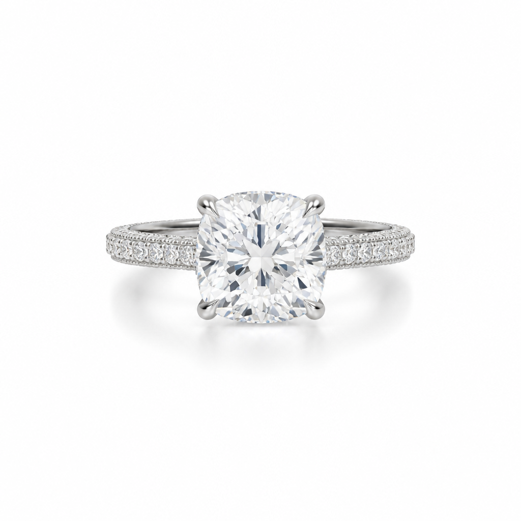 Cushion Three Row Pave Cathedral Ring With Diamond Basket