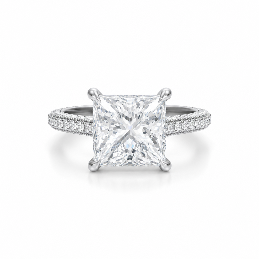 Princess Three Row Pave Cathedral Ring With Diamond Basket