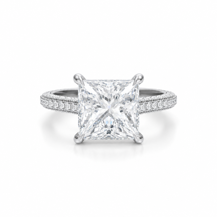 Princess Three Row Pave Cathedral Ring With Diamond Basket
