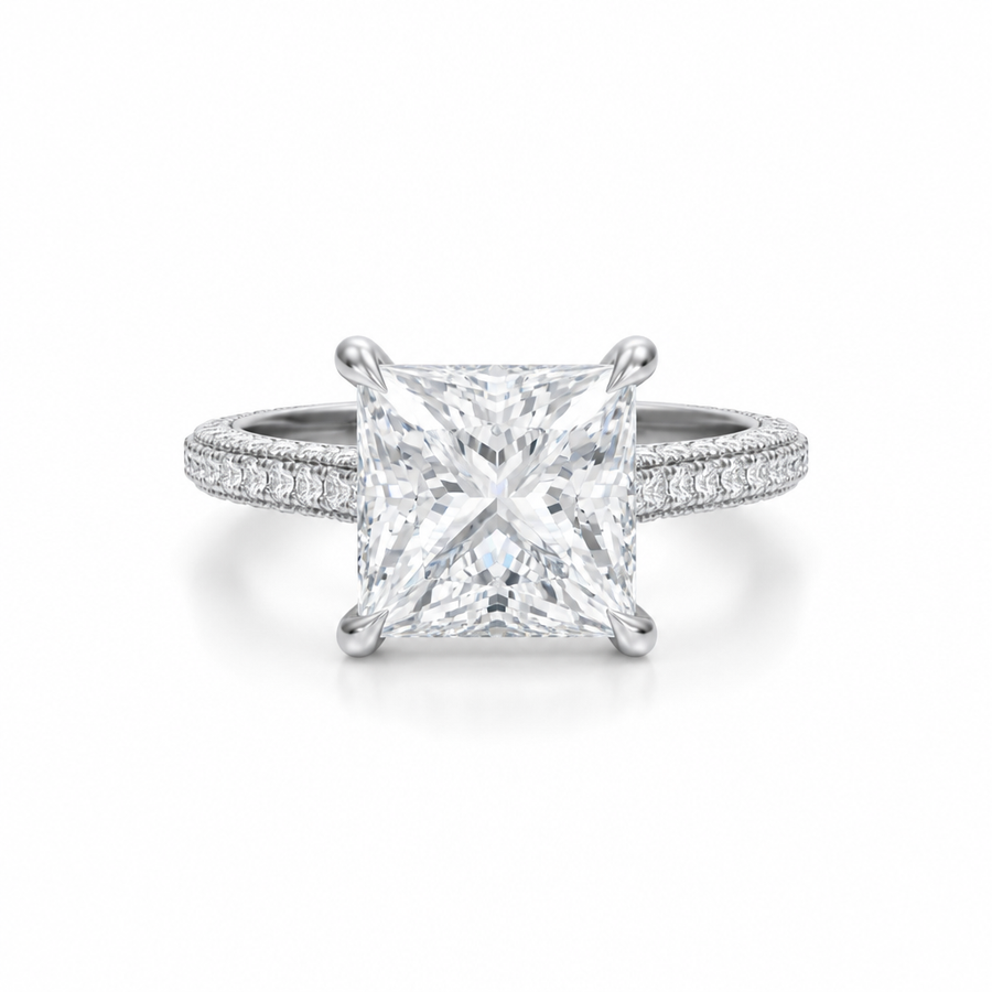 Princess Three Row Pave Cathedral Ring With Diamond Basket