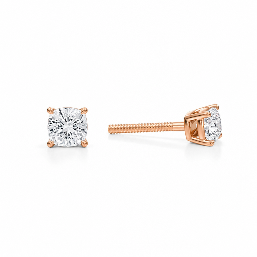 Cushion cut lab-grown diamond stud earrings in 14K gold