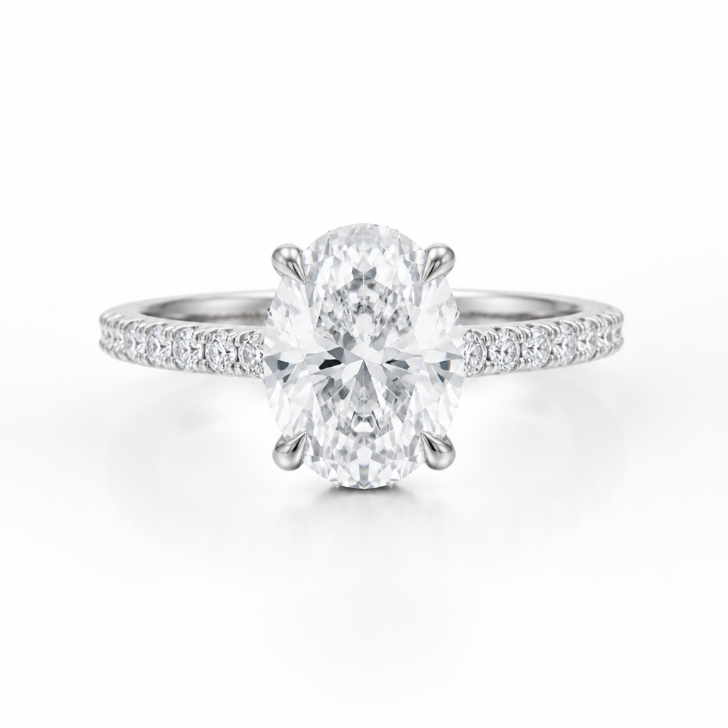 Oval Pave Cathedral Ring With Diamond Basket