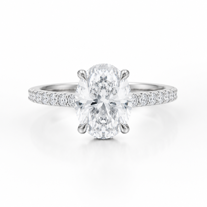 Oval Pave Cathedral Ring With Diamond Basket