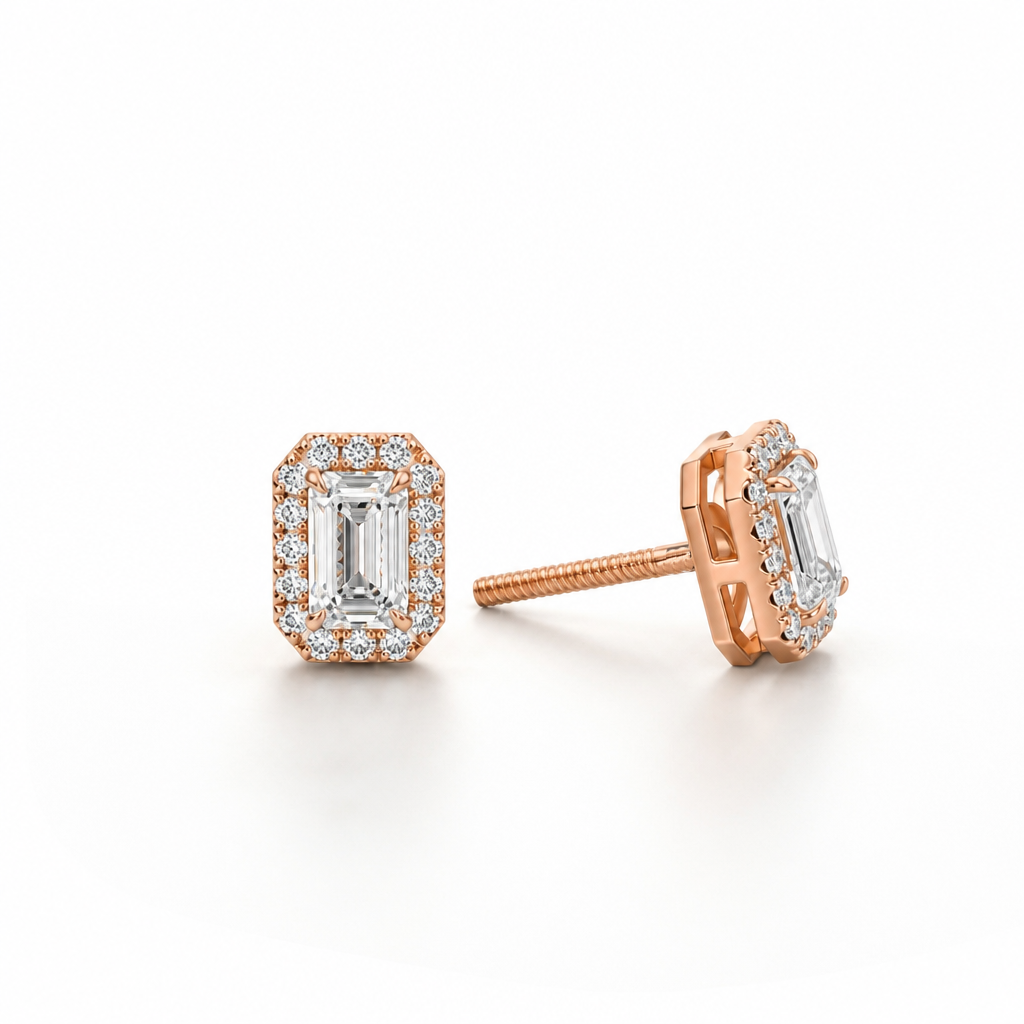 Lab Grown Diamond Emerald Halo Stud Earrings