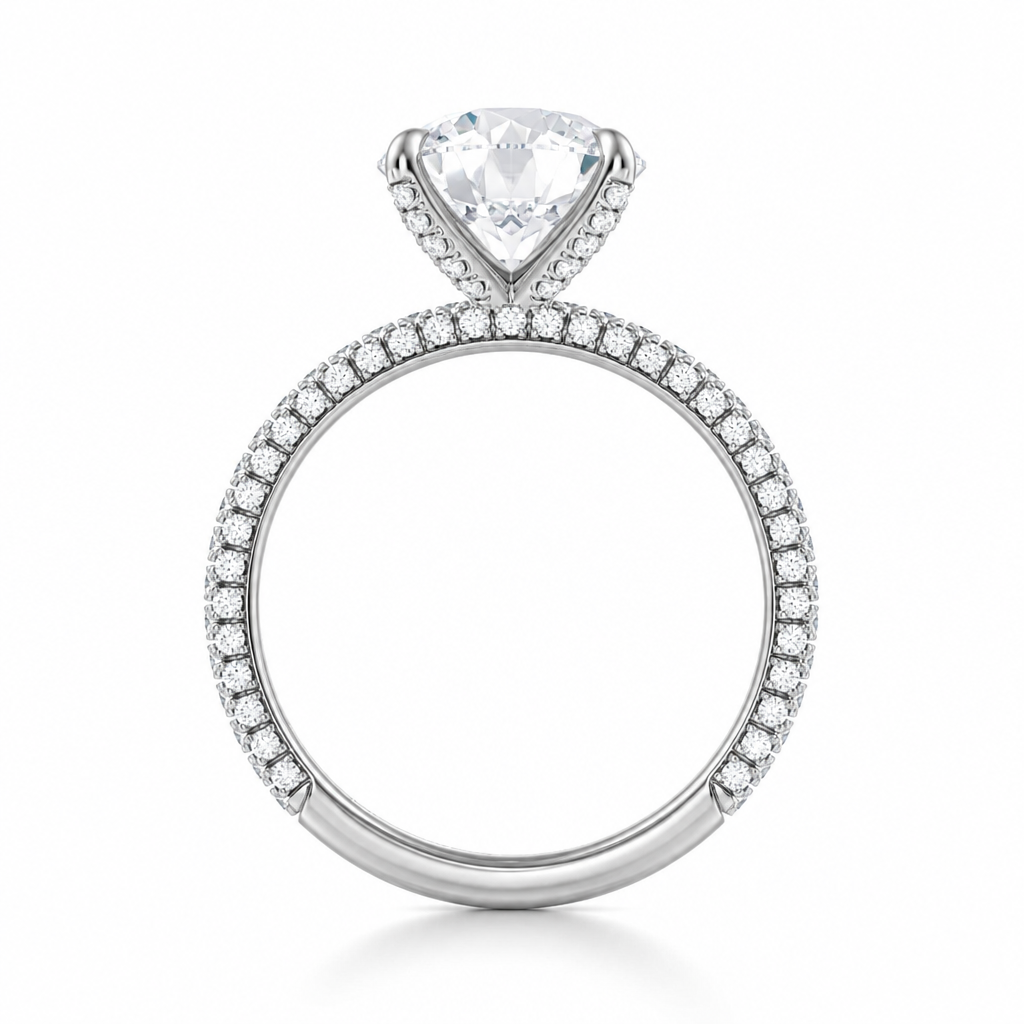 Round Three Row Pave Ring With Pave Prongs