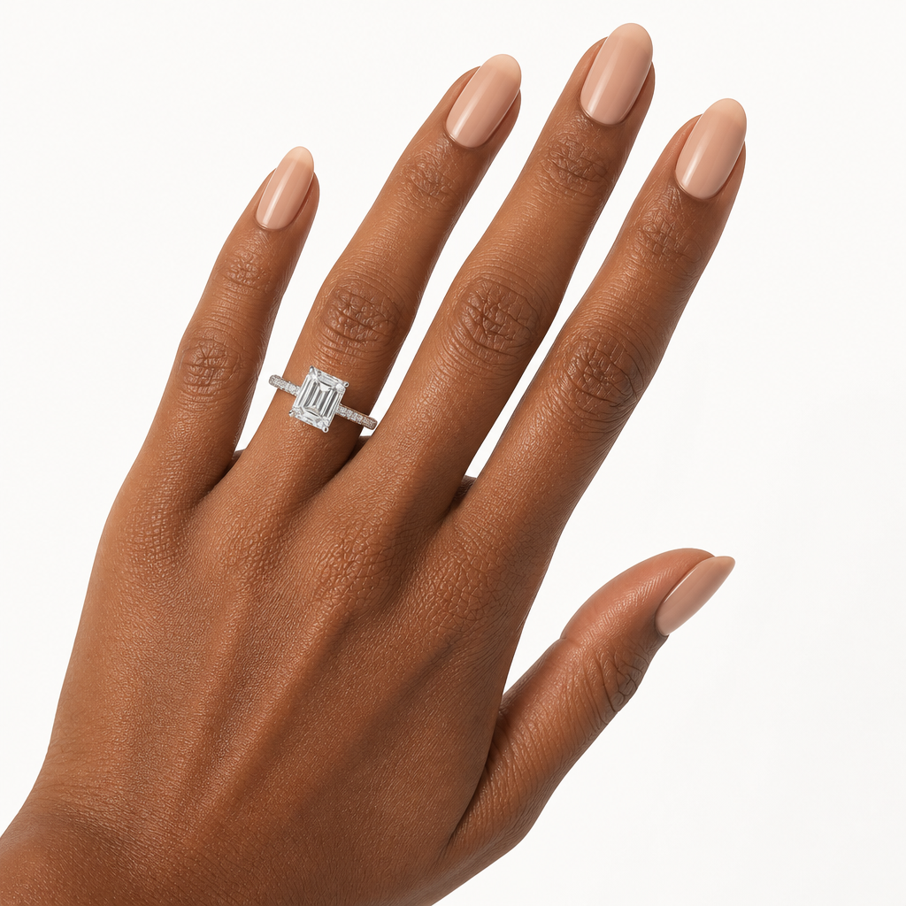 Emerald Diamond Basket With Three Row Pave Ring