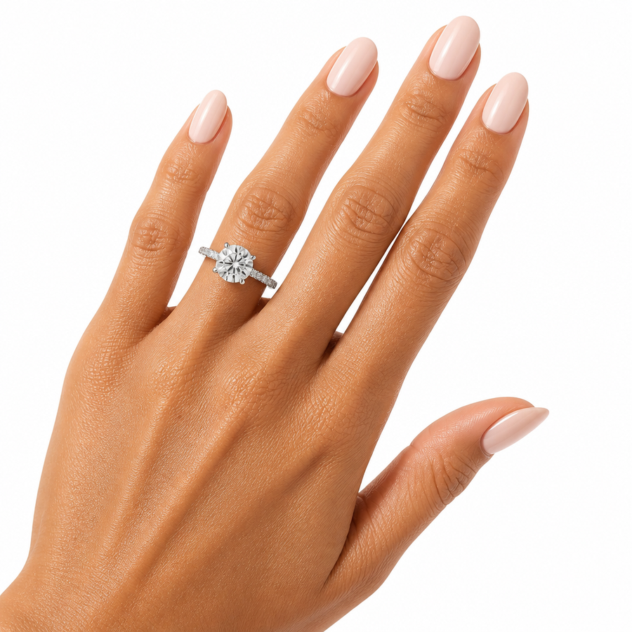 Round Three Row Pave Cathedral Ring With Diamond Basket